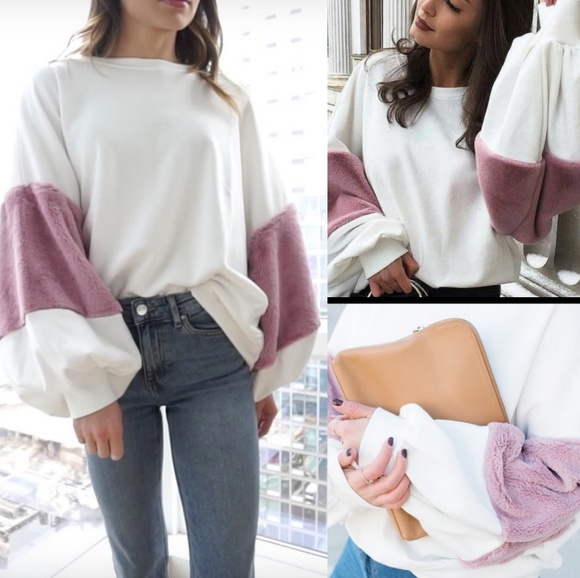Zara Tops - Zara Sweatshirt Pink Faux Fur Sleeve